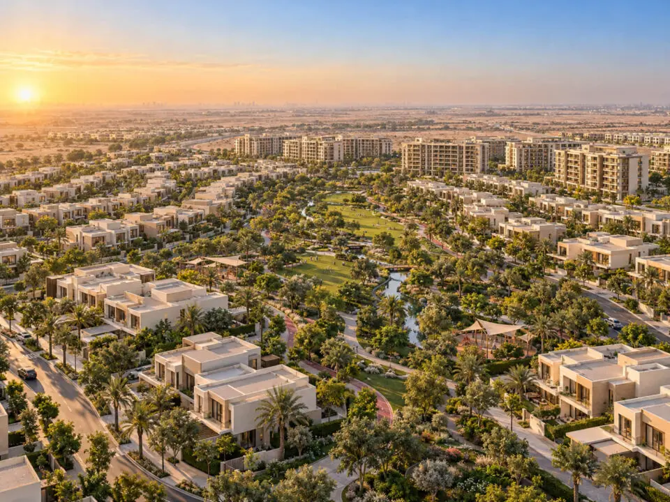 Aerial view of the Greenwoods master plan at sunrise