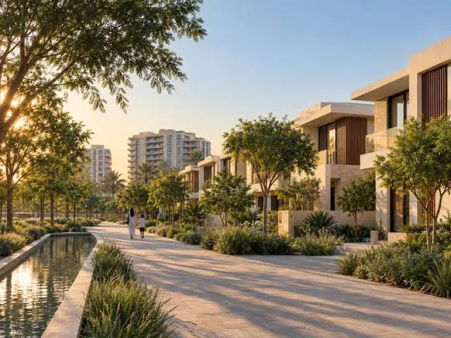 Townhouses along a landscaped walkway beside a water channel